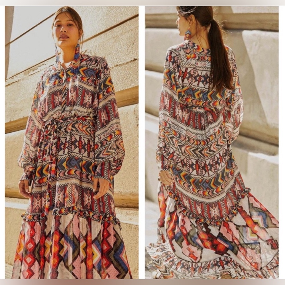 NWT Farm Rio Amulet Maxi Boho Sleeved Belted Aztec Sheer Dress Sz Large - Picture 17 of 17